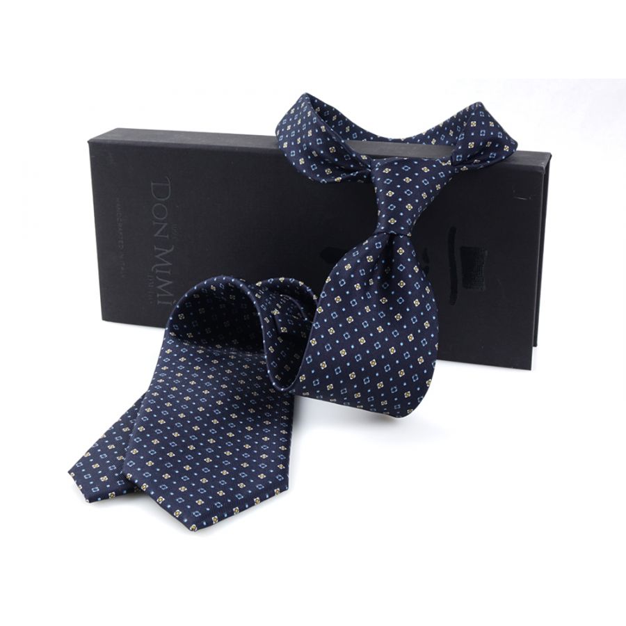 Cravatta 7 pieghe con microdisegni blu e beige