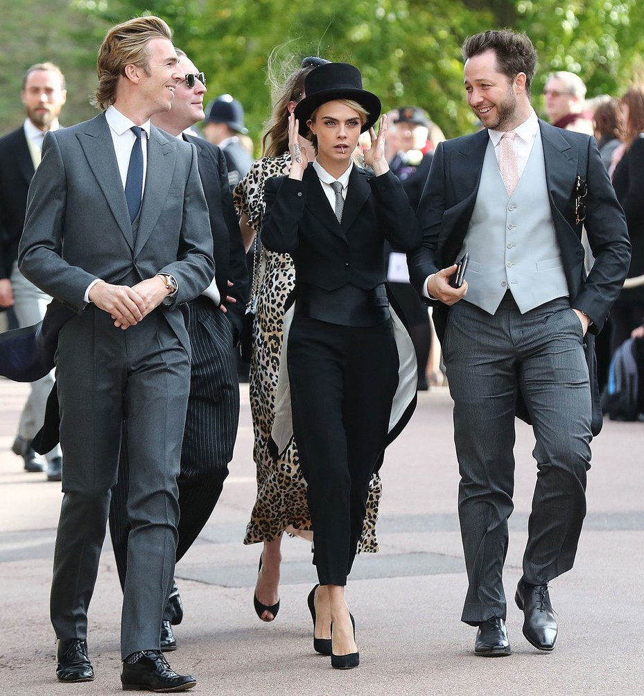 James Cook, Cara Delevingne and Derek Blasberg at Eugenie of York's wedding. 