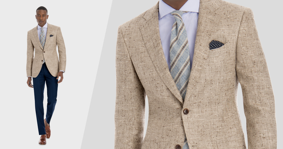 Blue/beige suit and pastel tie
