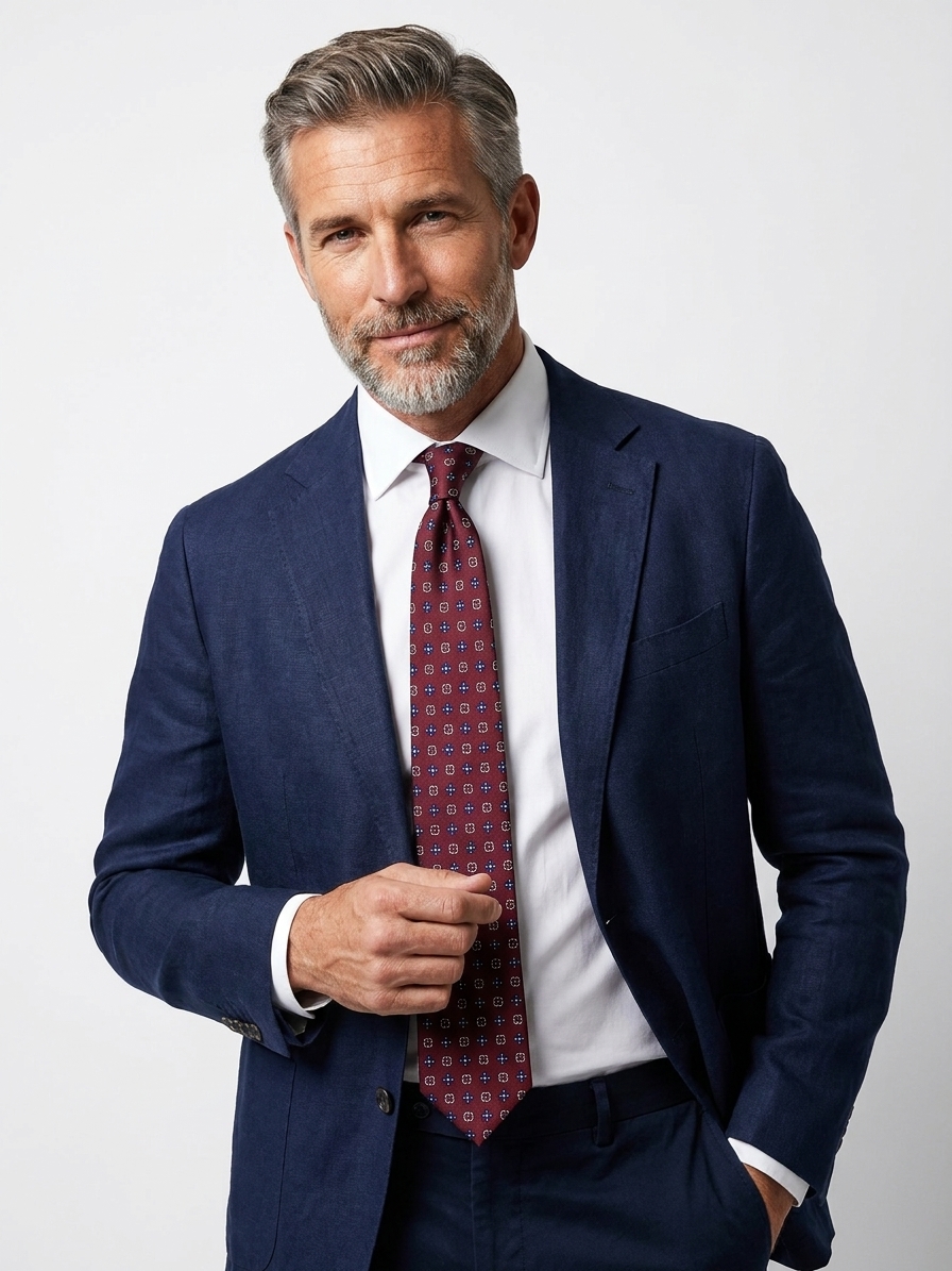 Uomo con abito blu navy, camicia bianca e cravatta bordeaux con microfantasia elegante.