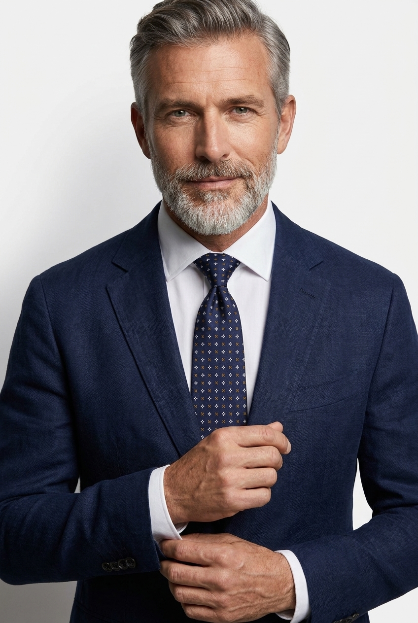Uomo con abito blu navy, camicia bianca e cravatta blu con microfantasia, esempio di abbinamento tono su tono elegante.