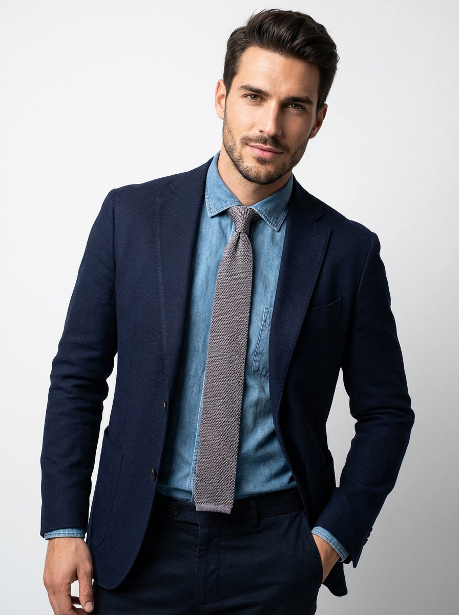 Uomo con abito blu navy, camicia azzurra e cravatta grigio argento, esempio di abbinamento elegante e contemporaneo.