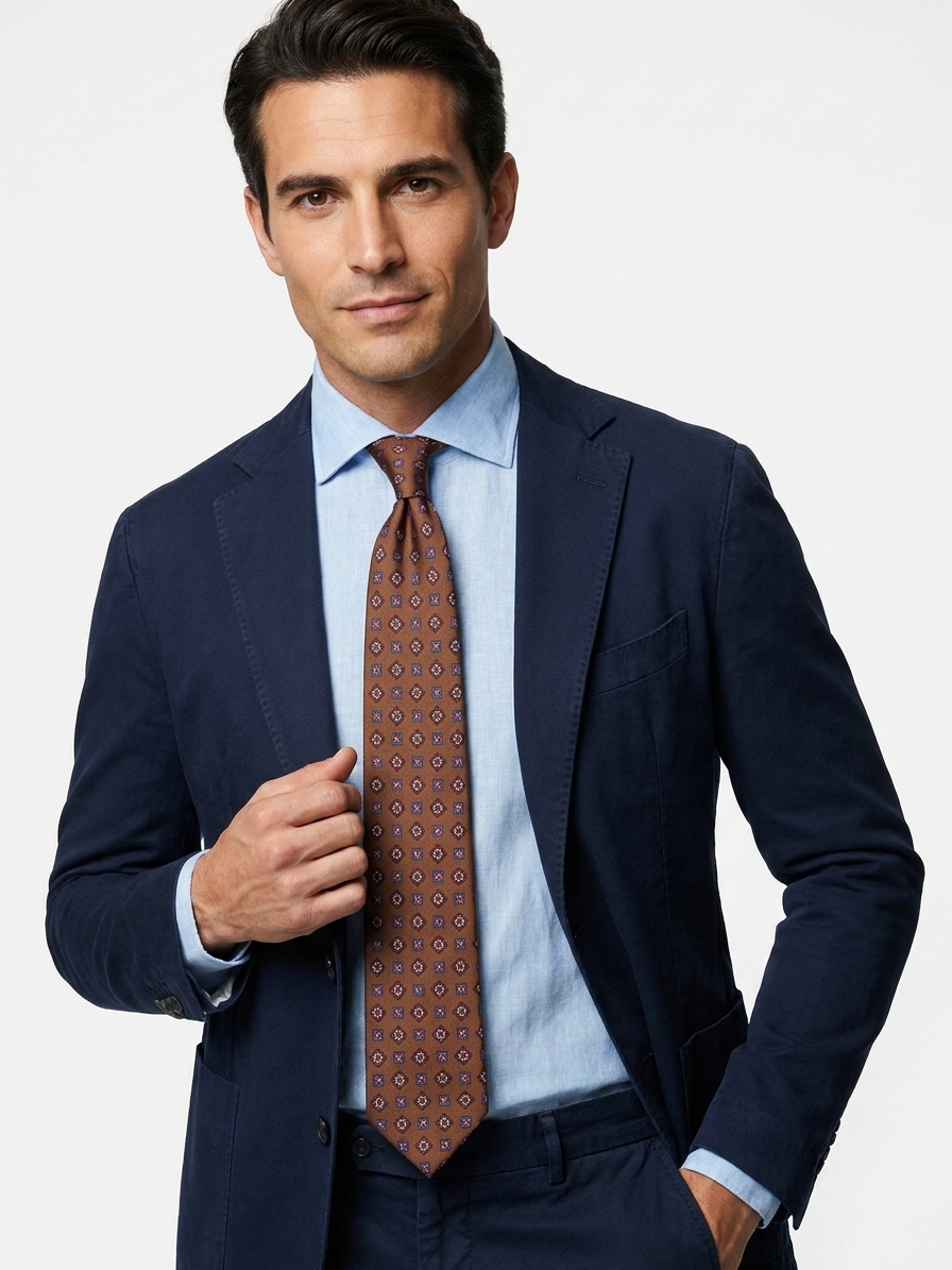 Uomo con abito blu navy, camicia azzurra e cravatta marrone tabacco con microfantasia, esempio di abbinamento elegante e raffinato.