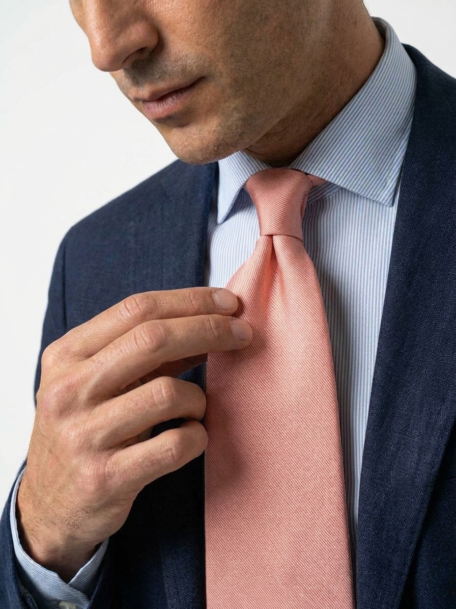 Dettaglio di abito blu navy, camicia a righe sottili e cravatta rosa antico, esempio di abbinamento elegante per matrimoni e cerimonie.