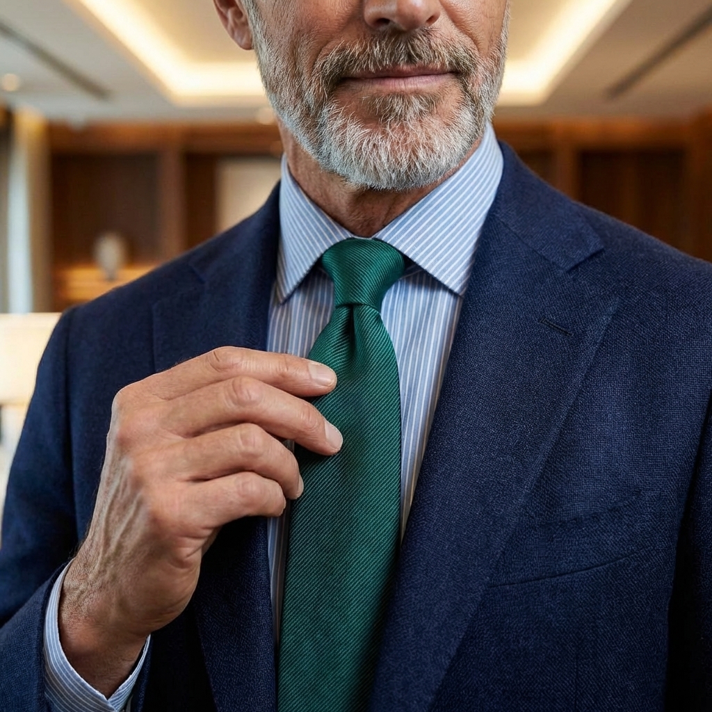 Abito blu navy con camicia a righe azzurre e cravatta verde bosco, esempio di abbinamento elegante e moderno.