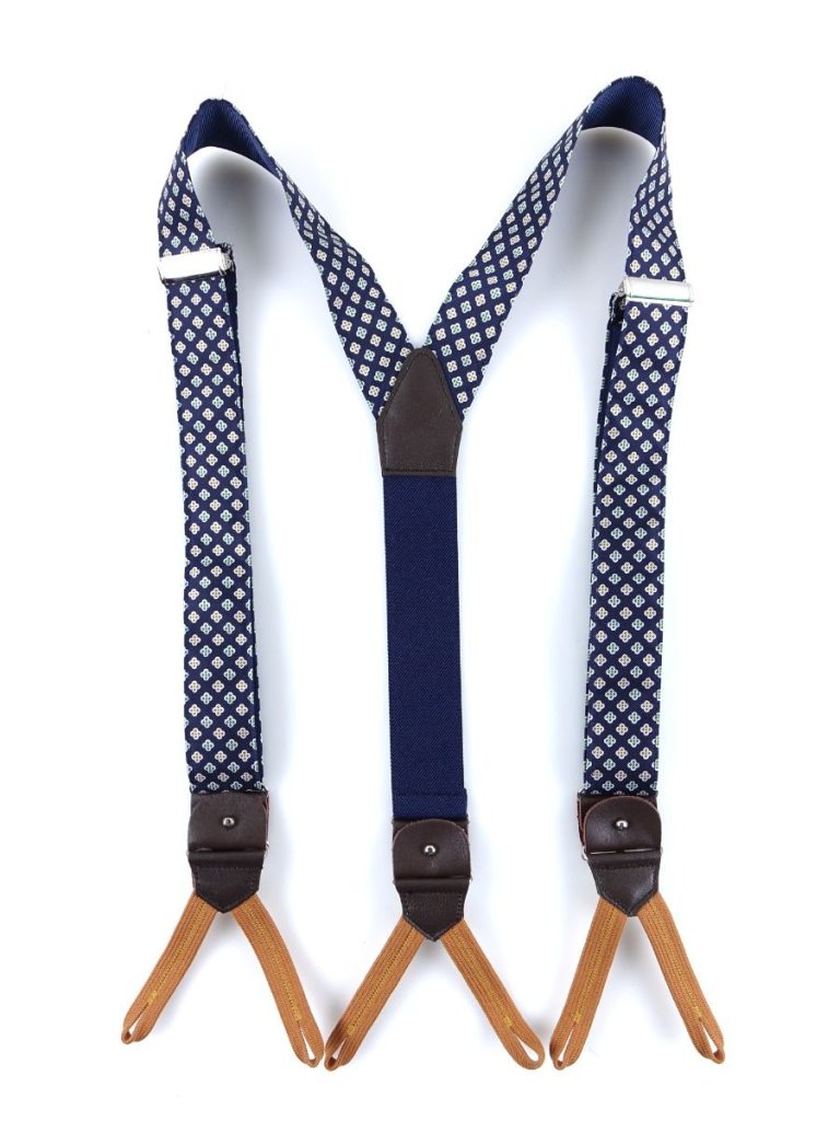 English printed silk hybrid suspenders with laces and clip FANTE Blue, DM Ties