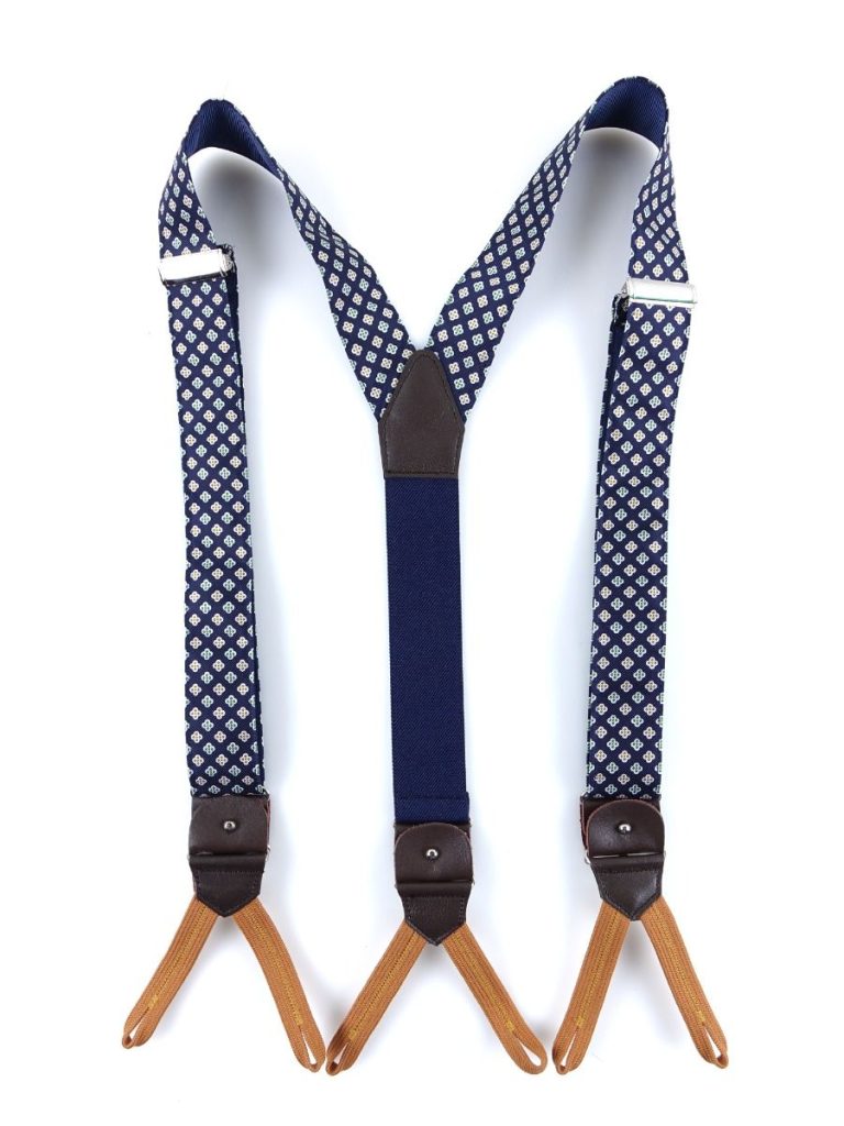 Bretelle ibride in seta stampata inglese con lacci e clip FANTE Blu, DM Ties