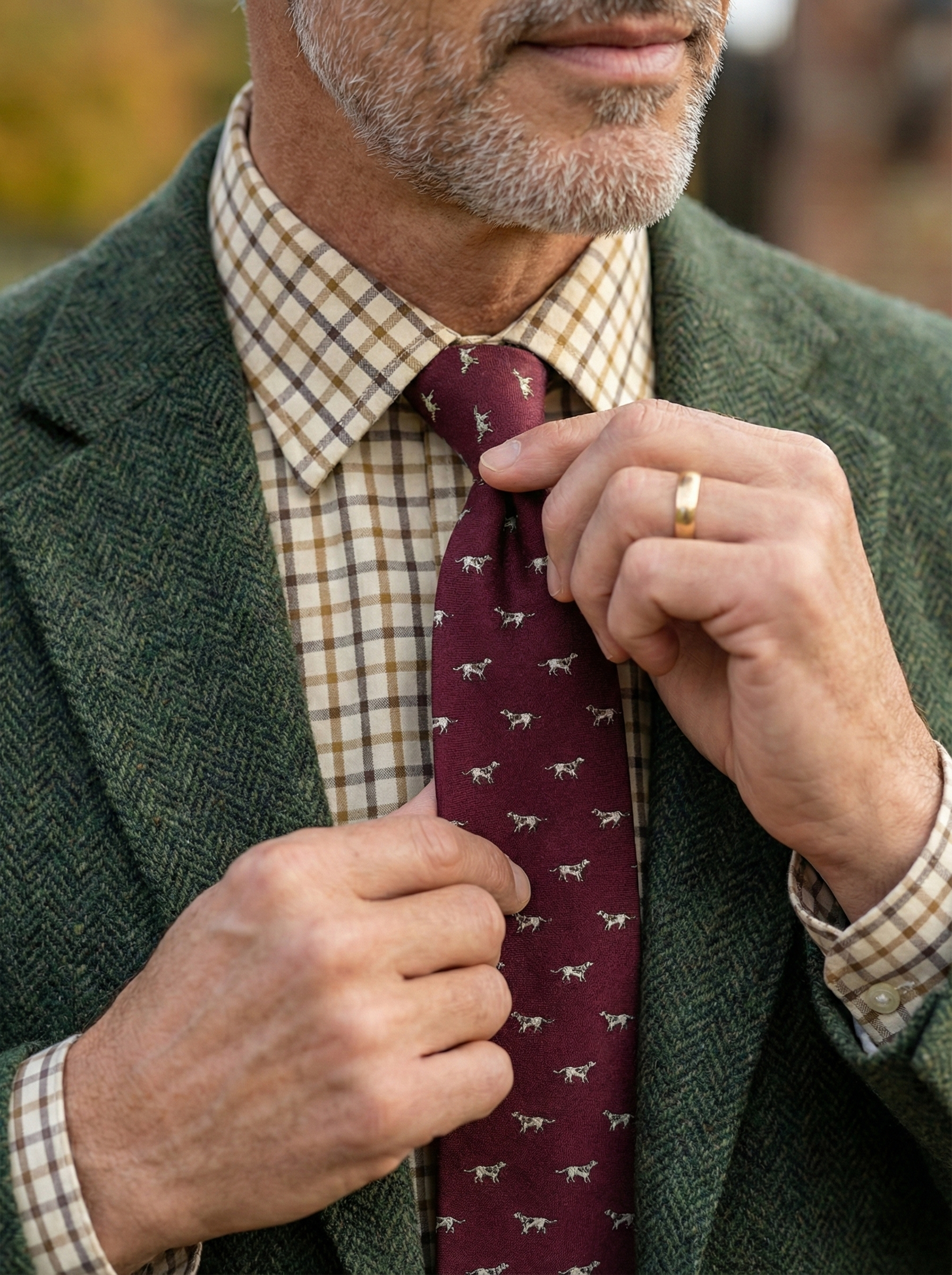 cravatta in lana challis bordeaux dm ties, a fantasia cani segugio, con giacca tweed verdone e camicia country a quadretti