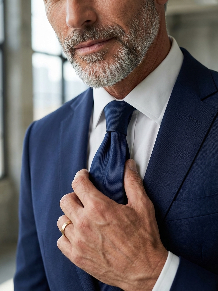 Uomo elegante con completo blu e cravatta blu navy in seta tinta unita, esempio di abbinamento classico per un guardaroba maschile essenziale.