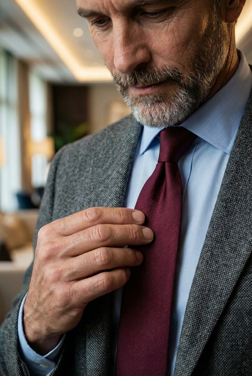 Uomo elegante con completo blu e cravatta bordeaux in seta tinta unita, esempio di abbinamento raffinato per un guardaroba maschile versatile.