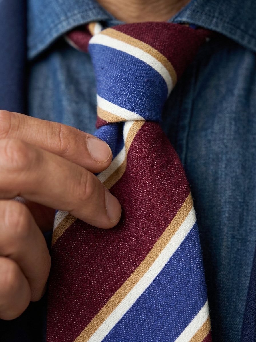 Uomo elegante con completo blu e cravatta regimental in seta, esempio di abbinamento classico per uno stile maschile senza tempo.