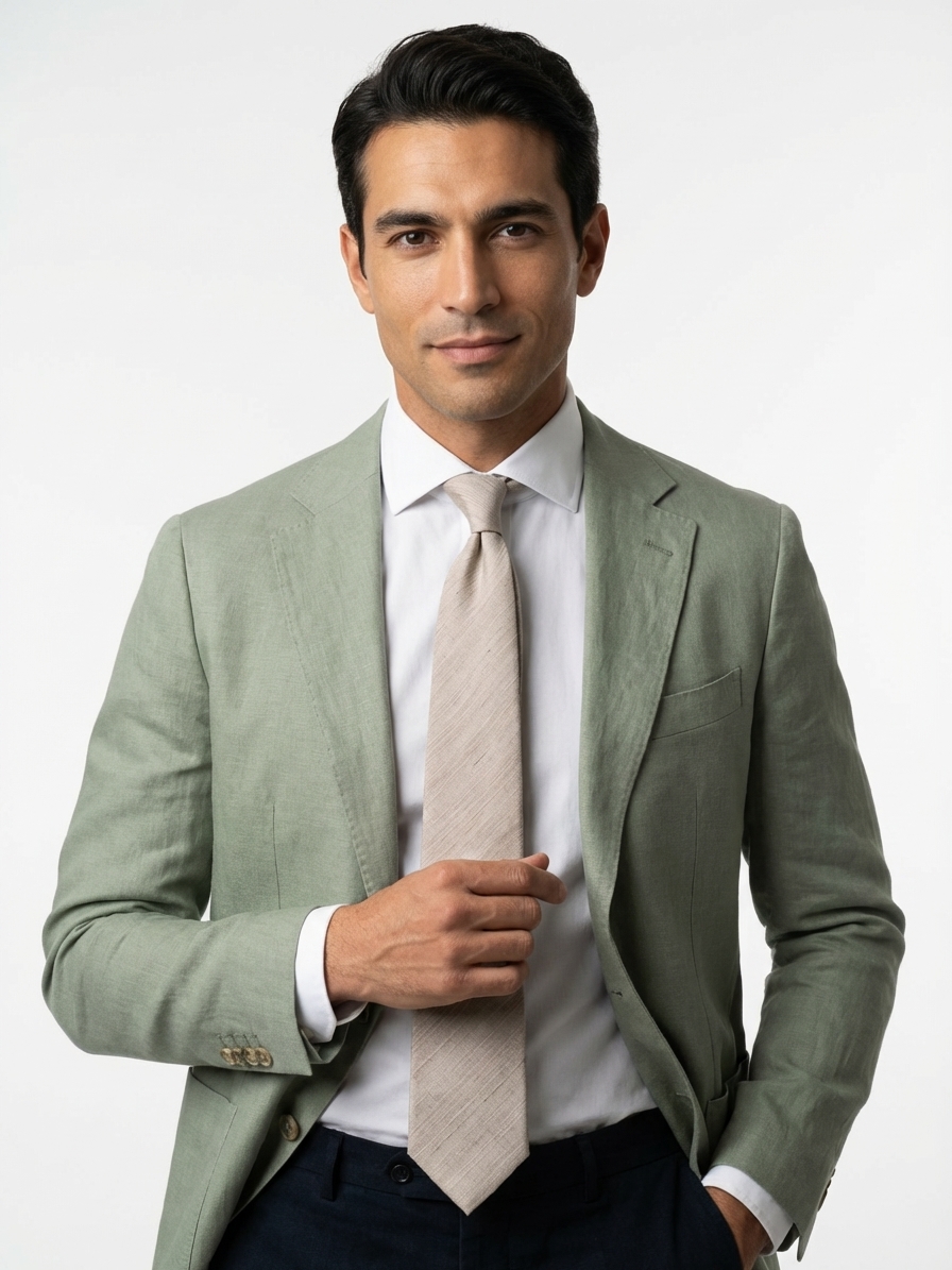 Uomo elegante con giacca estiva e cravatta in seta e lino, esempio di look raffinato e leggero per la stagione primavera-estate.
