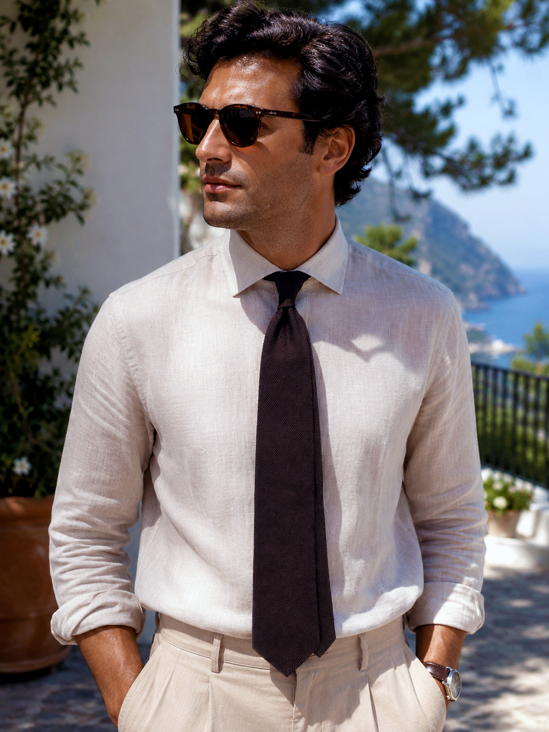 Uomo elegante con giacca blu e cravatta marrone in garza di seta, esempio di look sofisticato caratterizzato da una texture ricca e materica.