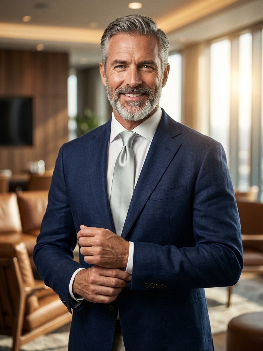 Uomo elegante con abito formale e cravatta grigio perla in seta, esempio di look raffinato per matrimoni e cerimonie.