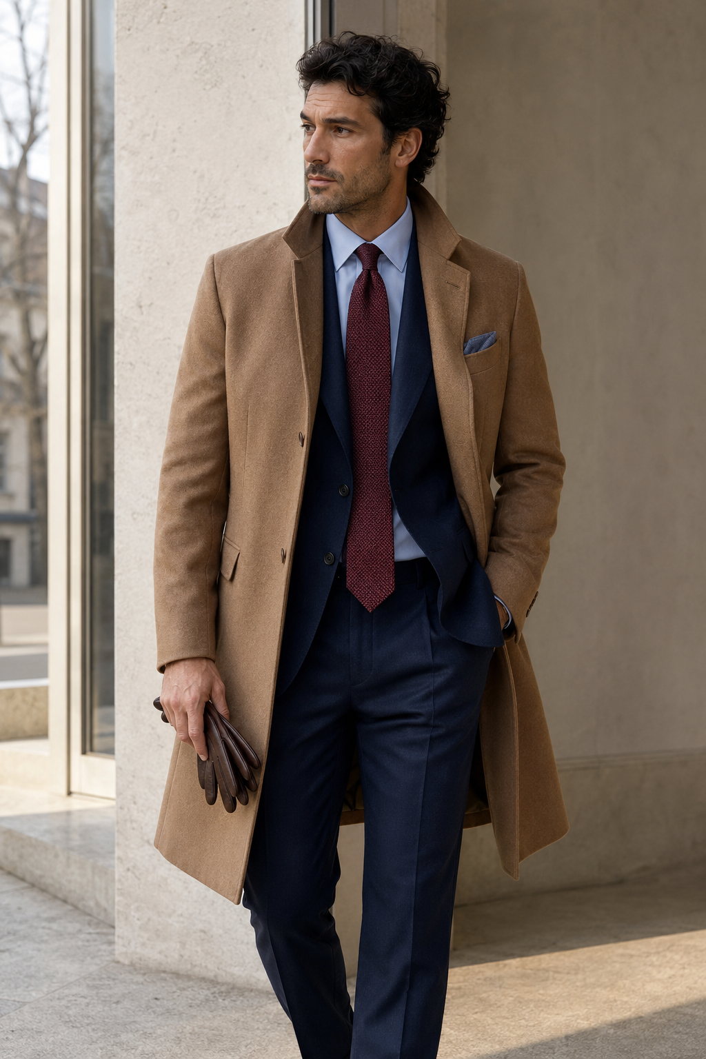 Uomo con cravatta bordeaux, fazzoletto da taschino e guanti in pelle