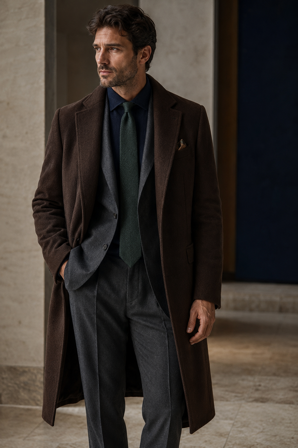 Cappotto marrone, completo grigio antracite e cravatta verde bosco da uomo