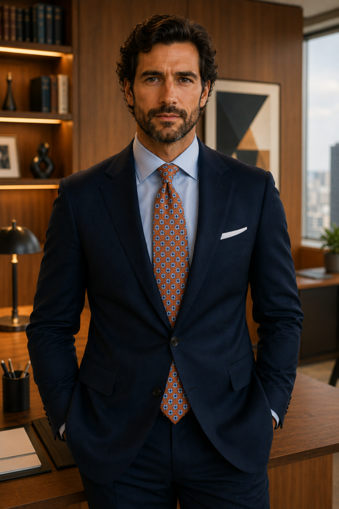 Cravatta DM Ties modello Polaris cognac con fantasia geometrica azzurra, indossata con completo blu in un ufficio moderno.
