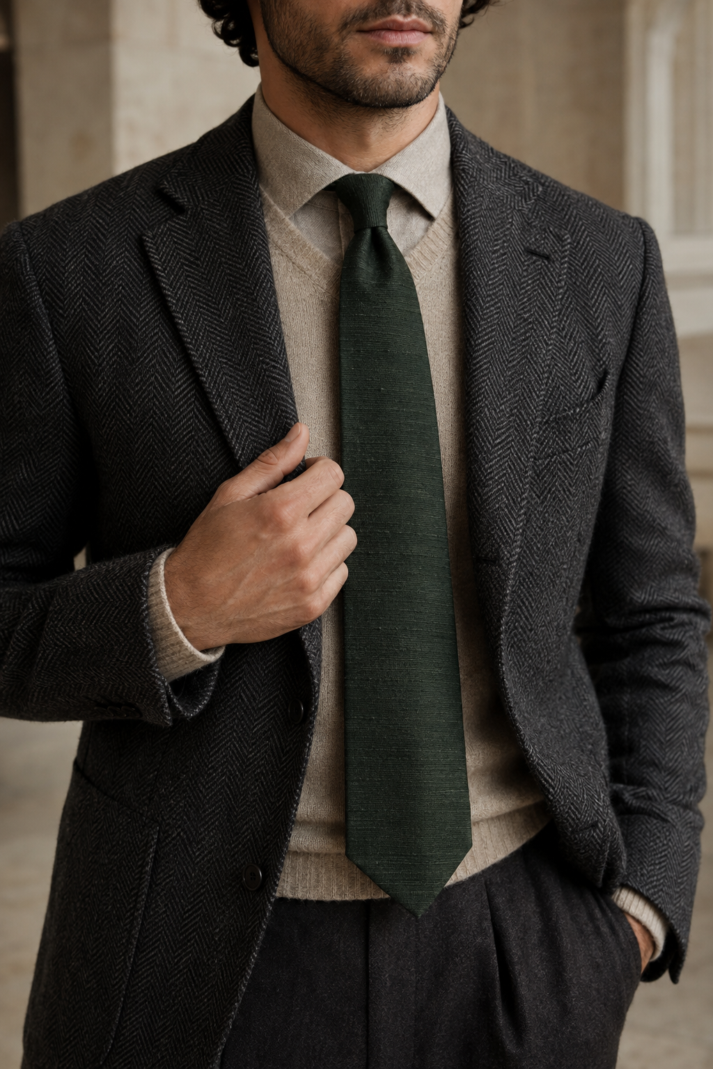 Giacca in lana spigata, maglieria in cashmere e cravatta verde in seta materica