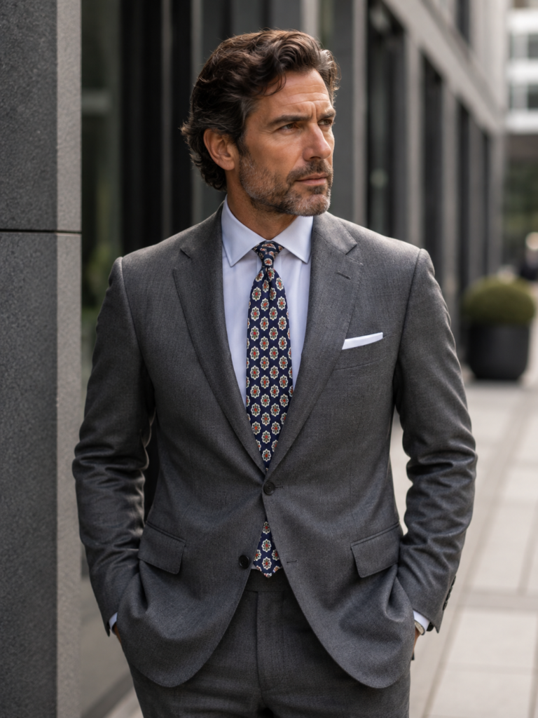 Cravatta DM Ties modello Rouge blu con microfantasia floreale, indossata con completo grigio e camicia chiara in ambiente urbano professionale.