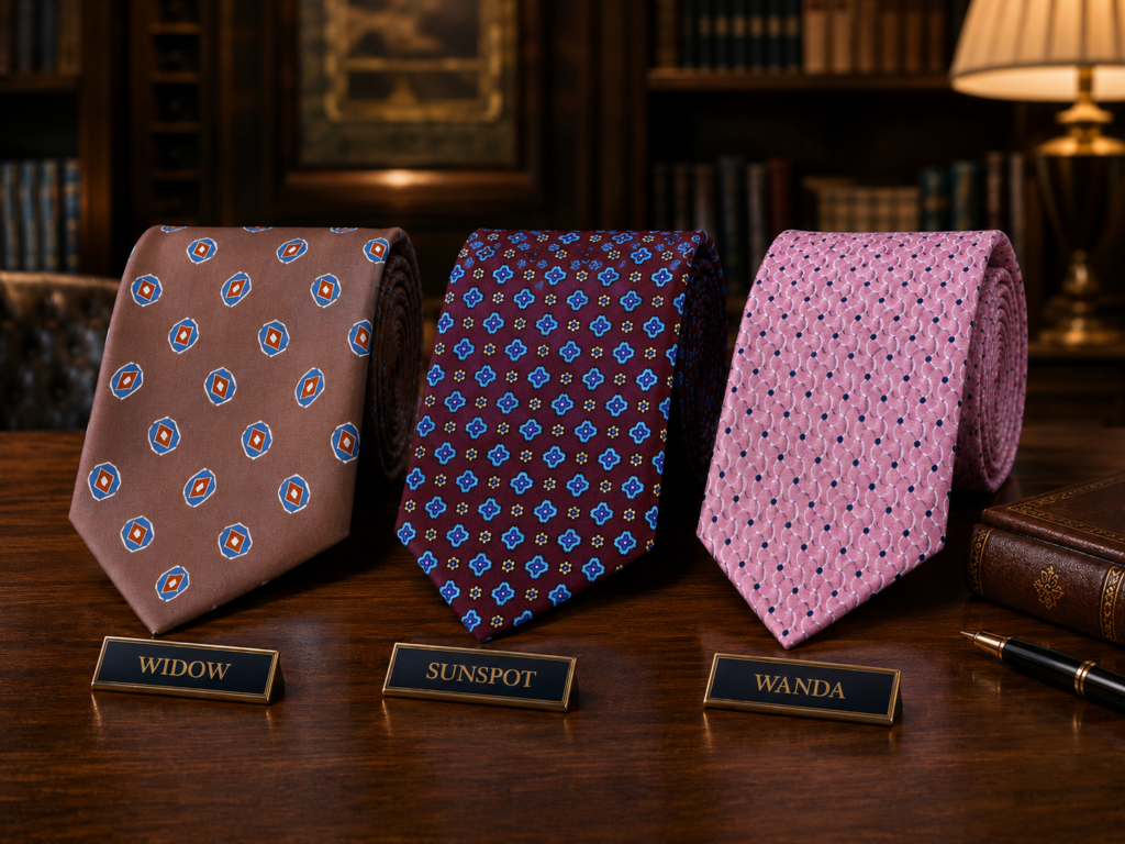 Cravatte DM Ties Widow, Sunspot e Wanda affiancate in un ambiente dal gusto sartoriale contemporaneo.