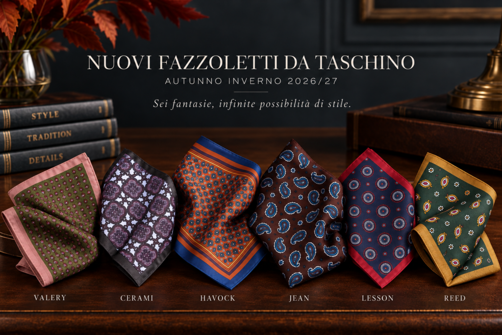 Fazzoletti da taschino DM Ties con fantasie geometriche e paisley della collezione Autunno Inverno 2026/27.