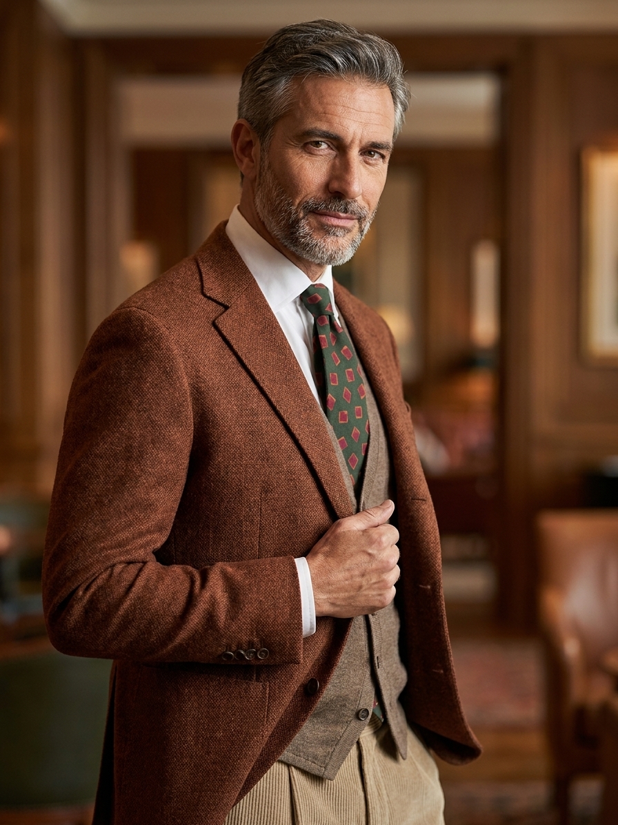 Uomo che in un elegante ufficio indossa una cravatta verde bosco a fantasia, con cardigan beige scuro, giacca mattone e camicia bianca