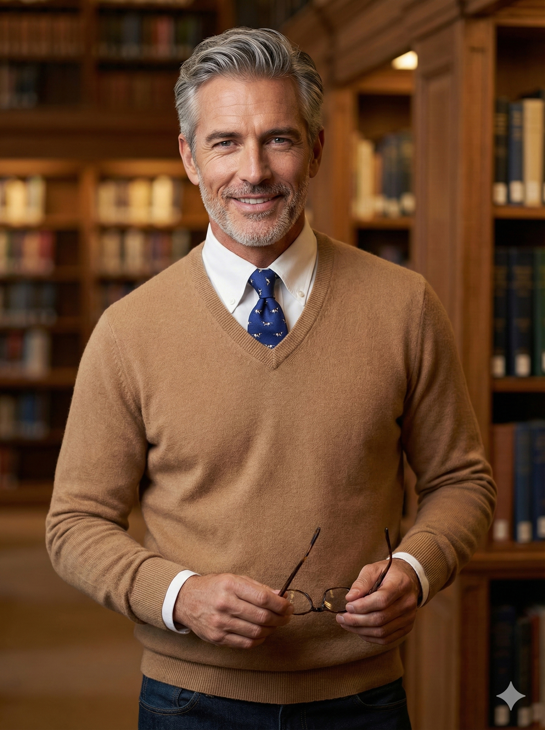 Uomo con cravatta blu fantasia, camicia bianca e maglione beige con scollo a V